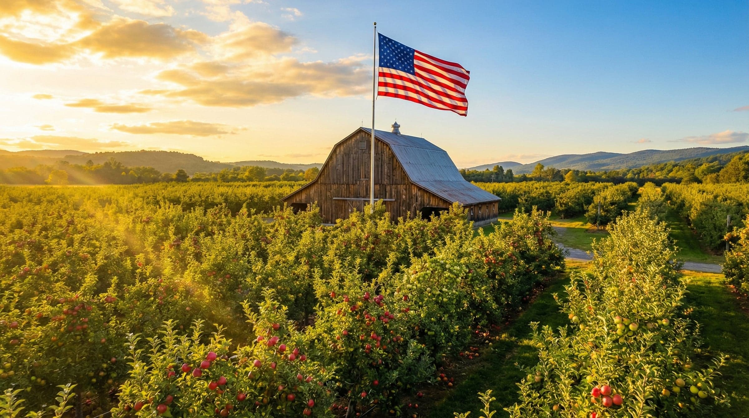 Apple orchard surrounding a barn and American flag